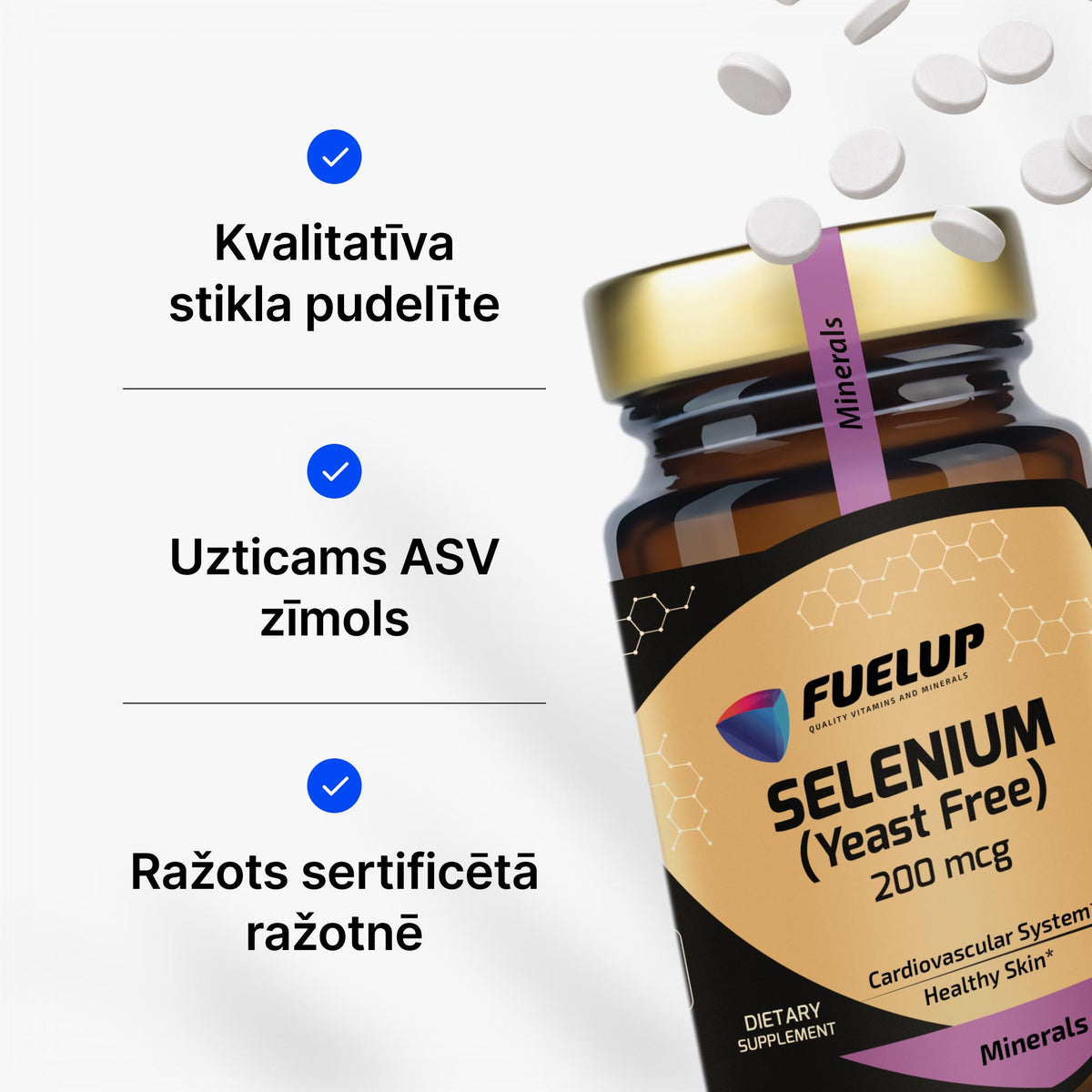 Selēns 200 mcg vairogdziedzera darbībai, imunitātei un šūnu aizsardzībai no Fuel Up (100 tabletes)