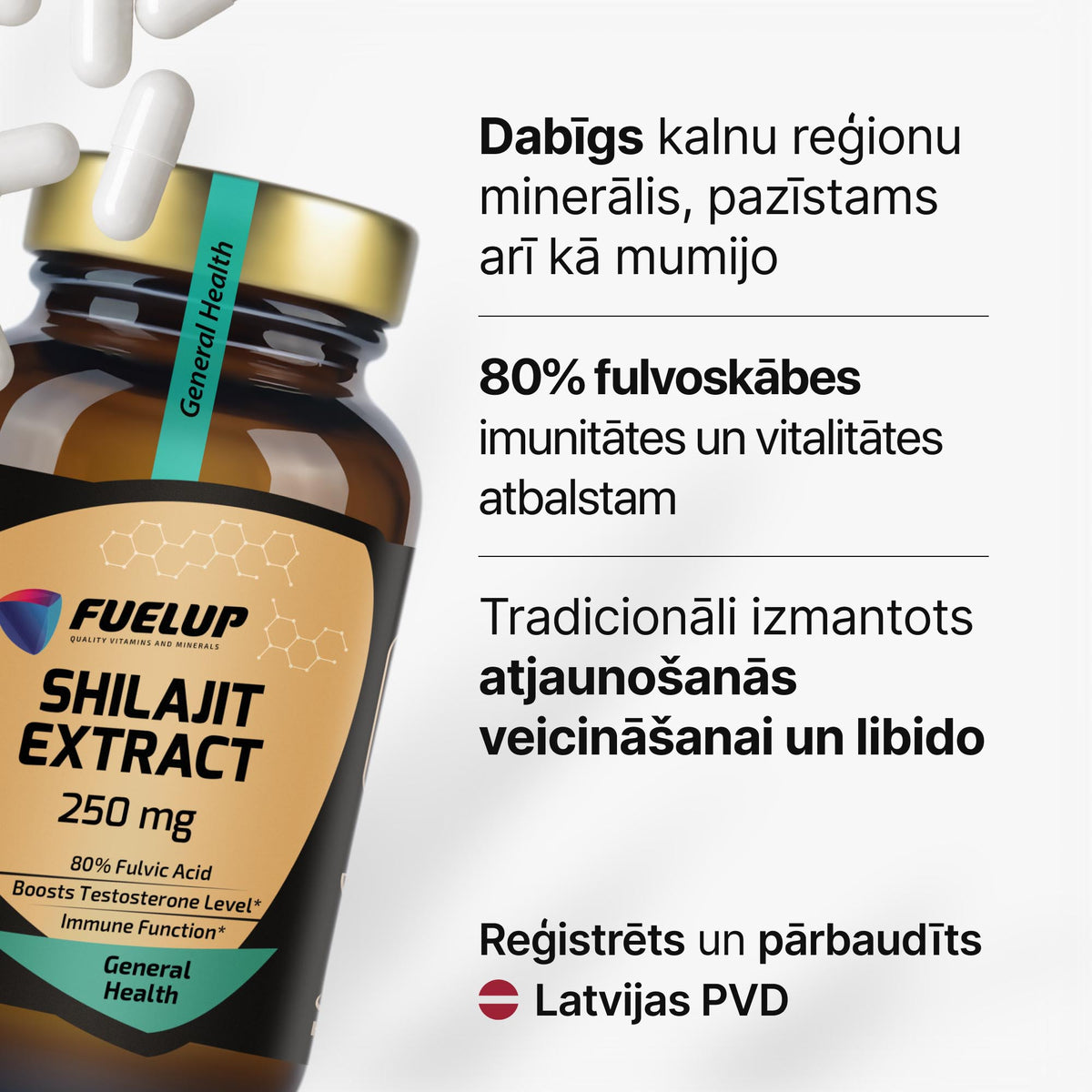 Šiladžits (Shilajit) 250 mg vīriešu vitalitātei un testosterona atbalstam no Fuel Up (60 kapsulas)