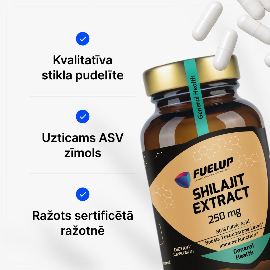 Šiladžits (Shilajit) 250 mg vīriešu vitalitātei un testosterona atbalstam no Fuel Up (60 kapsulas)