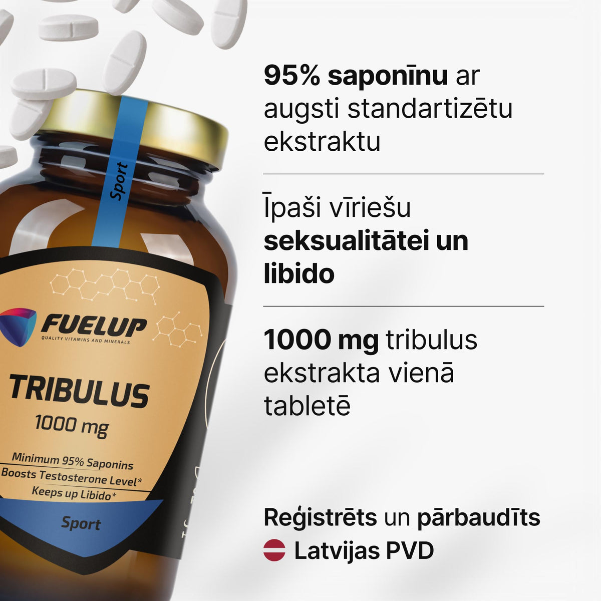 Tribulus Terrestris 1000 mg vīriešu libido un vitalitātei no Fuel Up (90 tabletes)