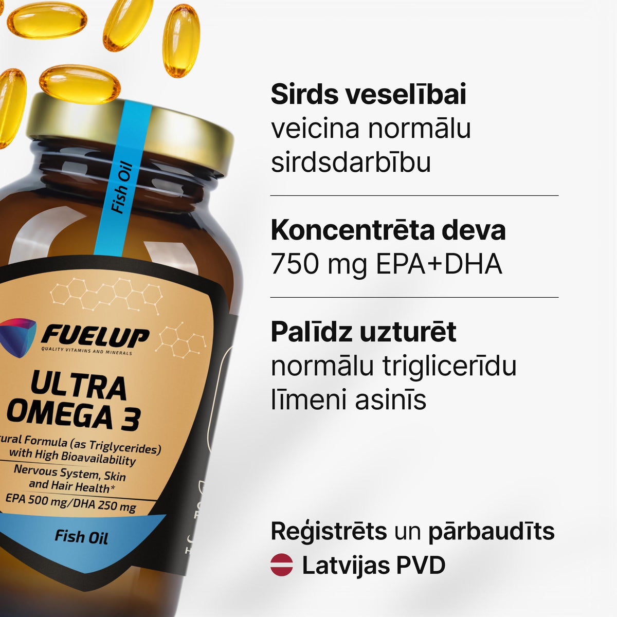 Koncentrēta zivju eļļa (Omega-3) 1000mg triglicerīdu formā ar augstāku biopieejamību no Fuel Up