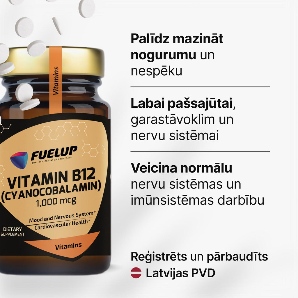 B12 vitamīns 1000 mcg enerģijai, nervu sistēmai un mazākam nogurumam no Fuel Up (100 tabletes)