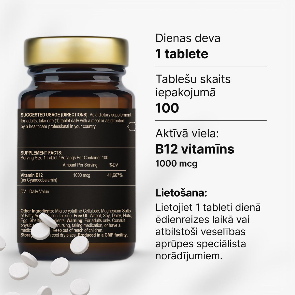 B12 vitamīns 1000 mcg enerģijai, nervu sistēmai un mazākam nogurumam no Fuel Up (100 tabletes)