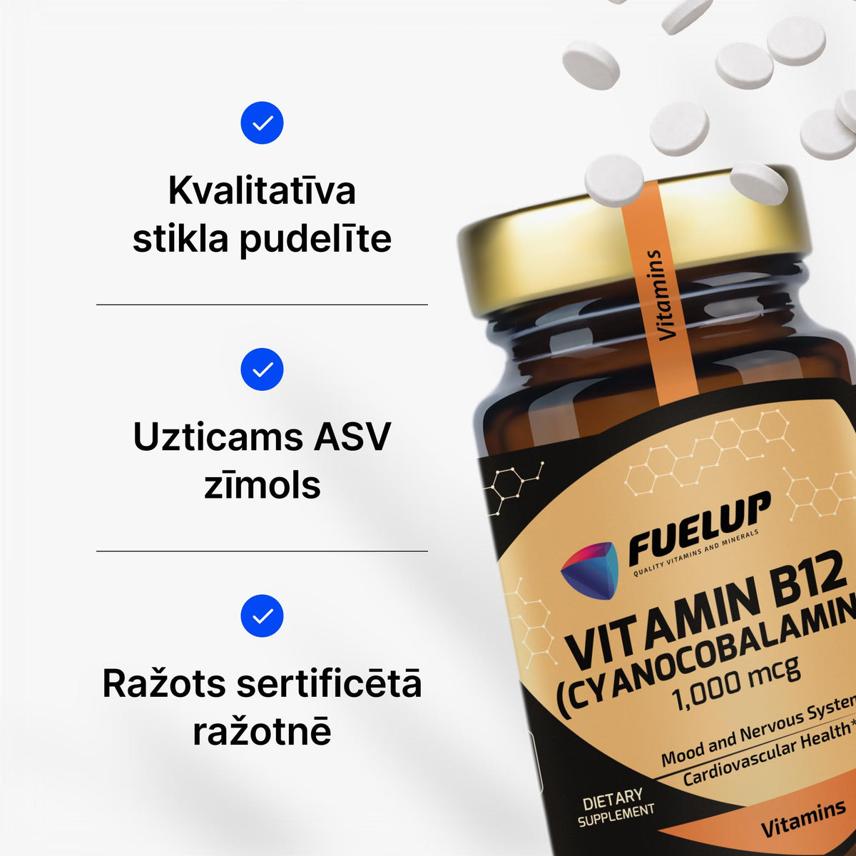 B12 vitamīns 1000 mcg enerģijai, nervu sistēmai un mazākam nogurumam no Fuel Up (100 tabletes)