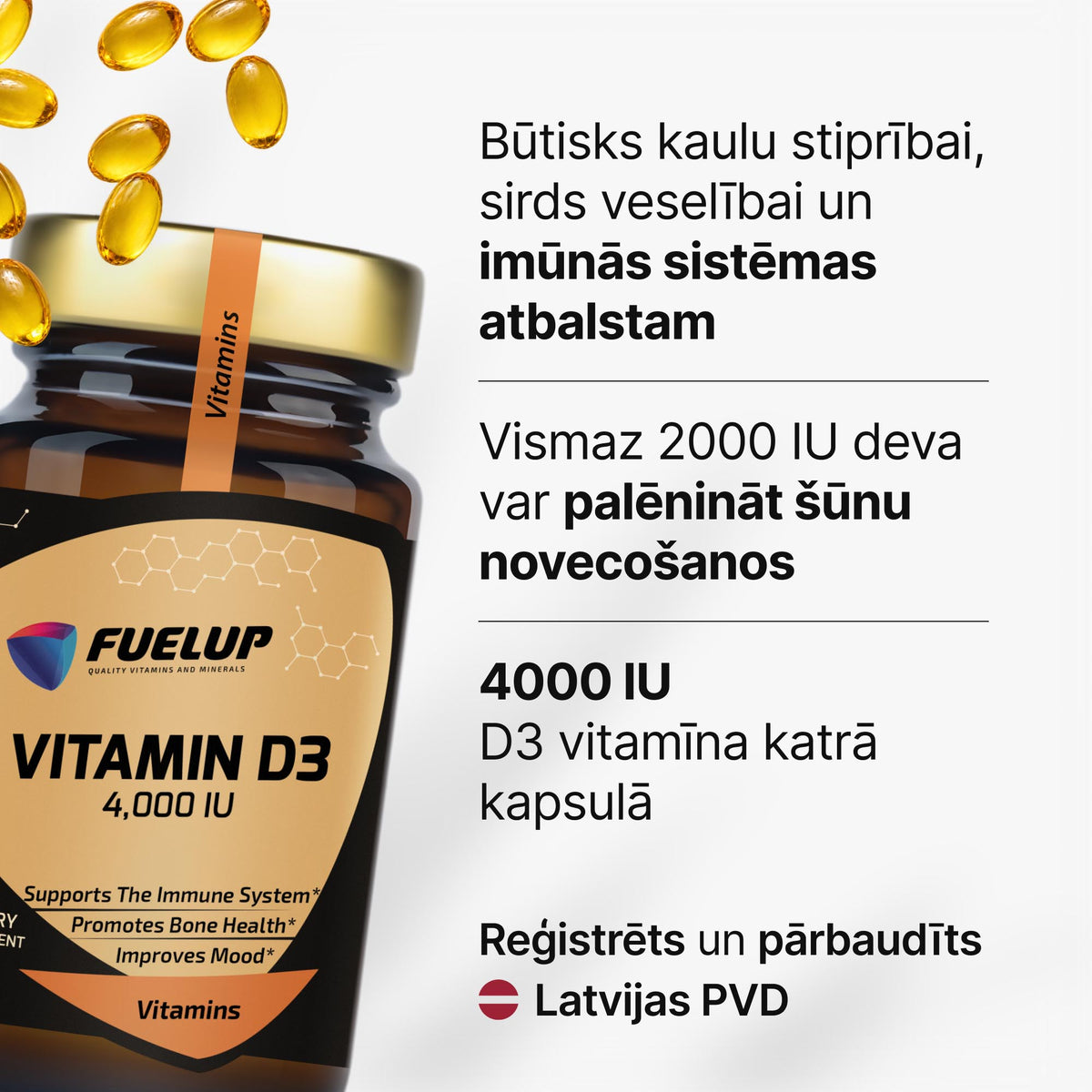 D3 vitamīns 4000 IU – imunitātei, kauliem un muskuļiem no Fuel Up (mīkstās kapsulas)