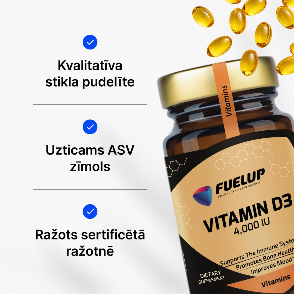 D3 vitamīns 4000 IU – imunitātei, kauliem un muskuļiem no Fuel Up (mīkstās kapsulas)