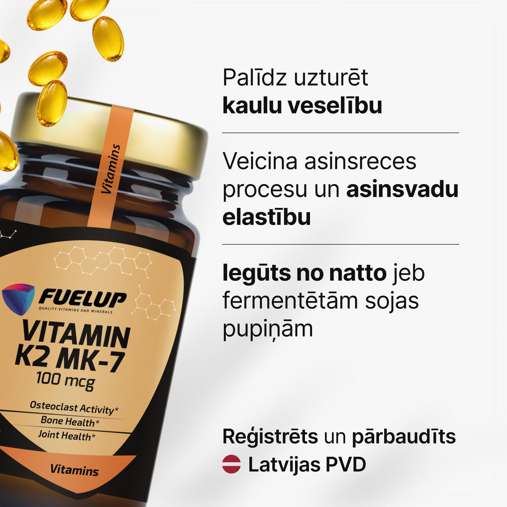 K2 vitamīns MK-7 100 mcg stipriem kauliem un normālai asins recēšanai no Fuel Up (60 kapsulas)