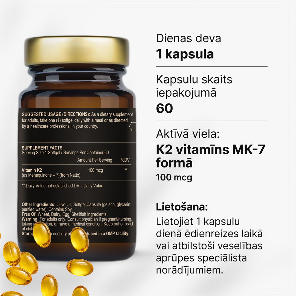 K2 vitamīns MK-7 100 mcg stipriem kauliem un normālai asins recēšanai no Fuel Up (60 kapsulas)