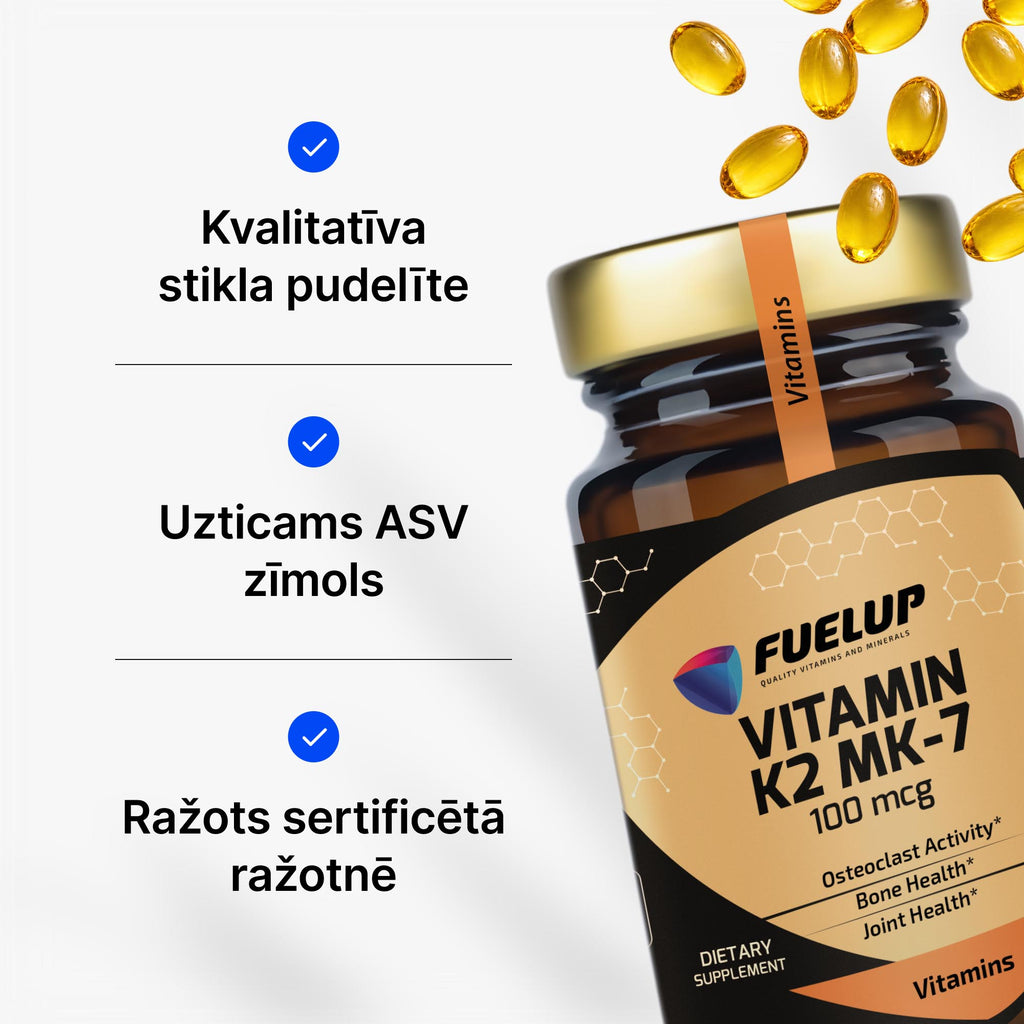 K2 vitamīns MK-7 100 mcg stipriem kauliem un normālai asins recēšanai no Fuel Up (60 kapsulas)