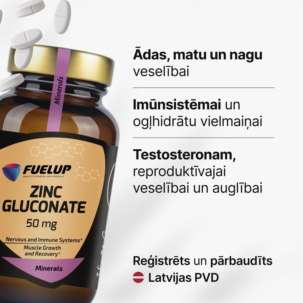 Cinka glikonāts 50 mg imunitātei, ādai, matiem un nagiem no Fuel Up