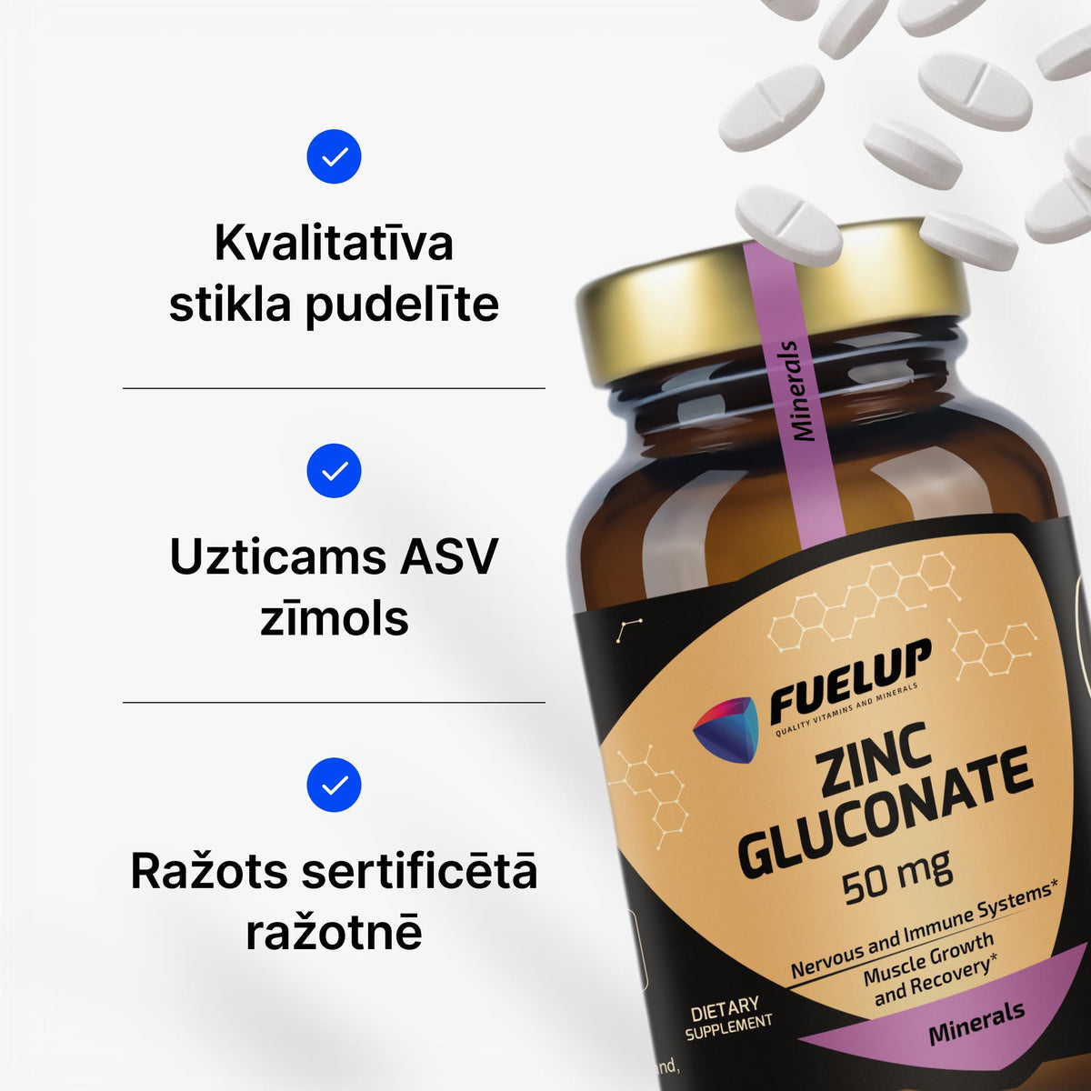 Cinka glikonāts 50 mg imunitātei, ādai, matiem un nagiem no Fuel Up