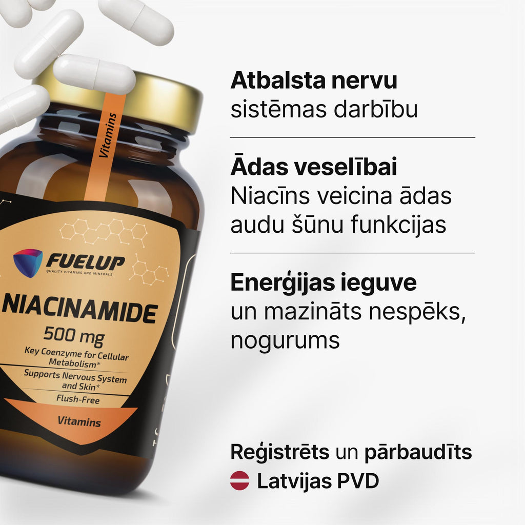 Niacinamīds (B3 vitamīns) 500 mg enerģijai, ādai un nervu sistēmai no Fuel Up (60 kapsulas)