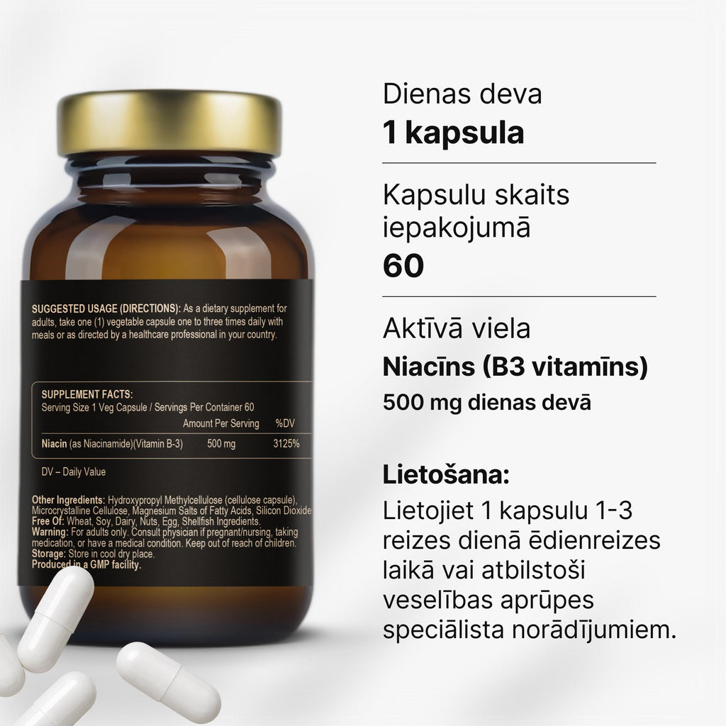 Niacinamīds (B3 vitamīns) 500 mg enerģijai, ādai un nervu sistēmai no Fuel Up (60 kapsulas)