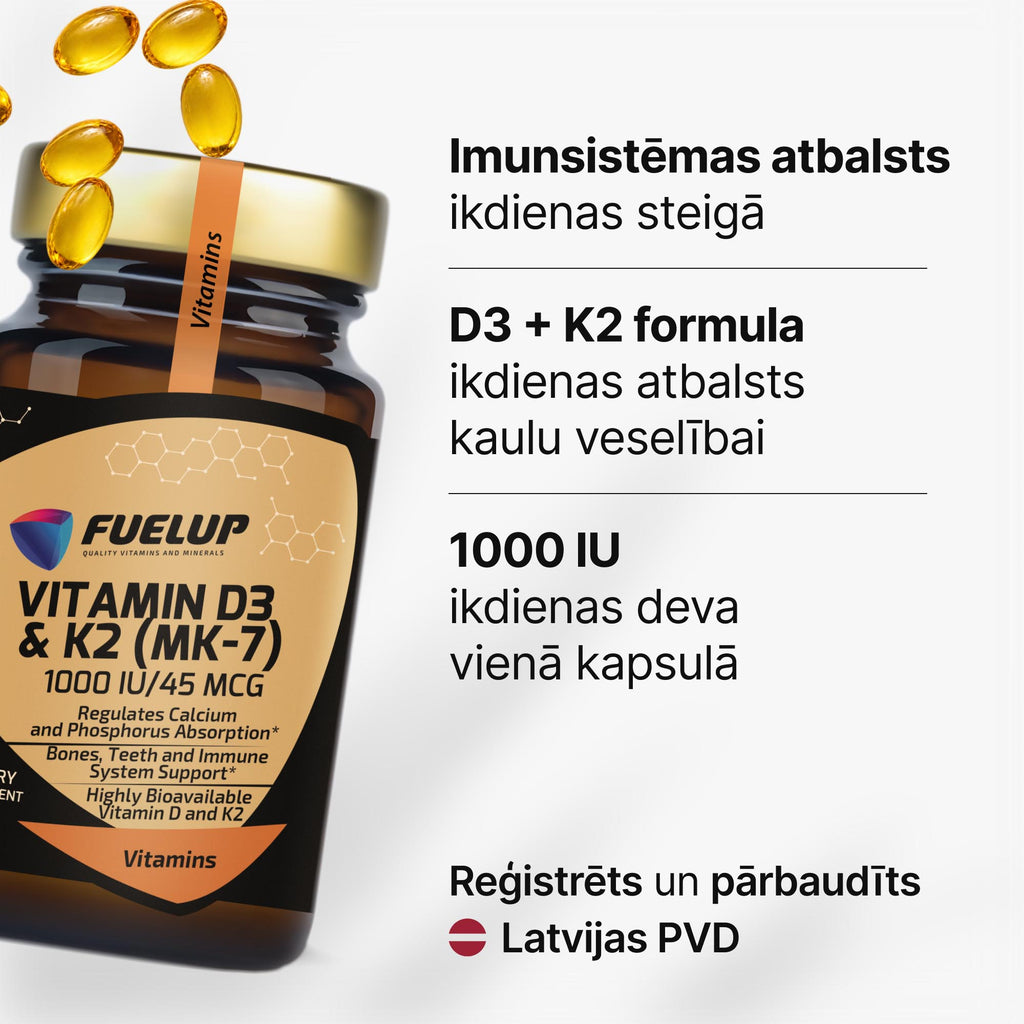 D3 vitamīns 1000 IU + K2 MK-7 ikdienas imunitātes un kaulu atbalstam no Fuel Up (120 kapsulas)