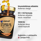 D3 vitamīns 1000 IU + K2 MK-7 ikdienas imunitātes un kaulu atbalstam no Fuel Up (120 kapsulas)