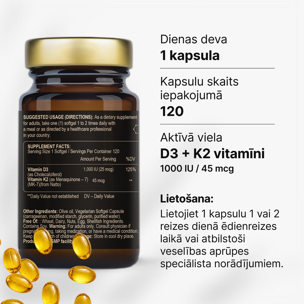 D3 vitamīns 1000 IU + K2 MK-7 ikdienas imunitātes un kaulu atbalstam no Fuel Up (120 kapsulas)