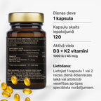 D3 vitamīns 1000 IU + K2 MK-7 ikdienas imunitātes un kaulu atbalstam no Fuel Up (120 kapsulas)