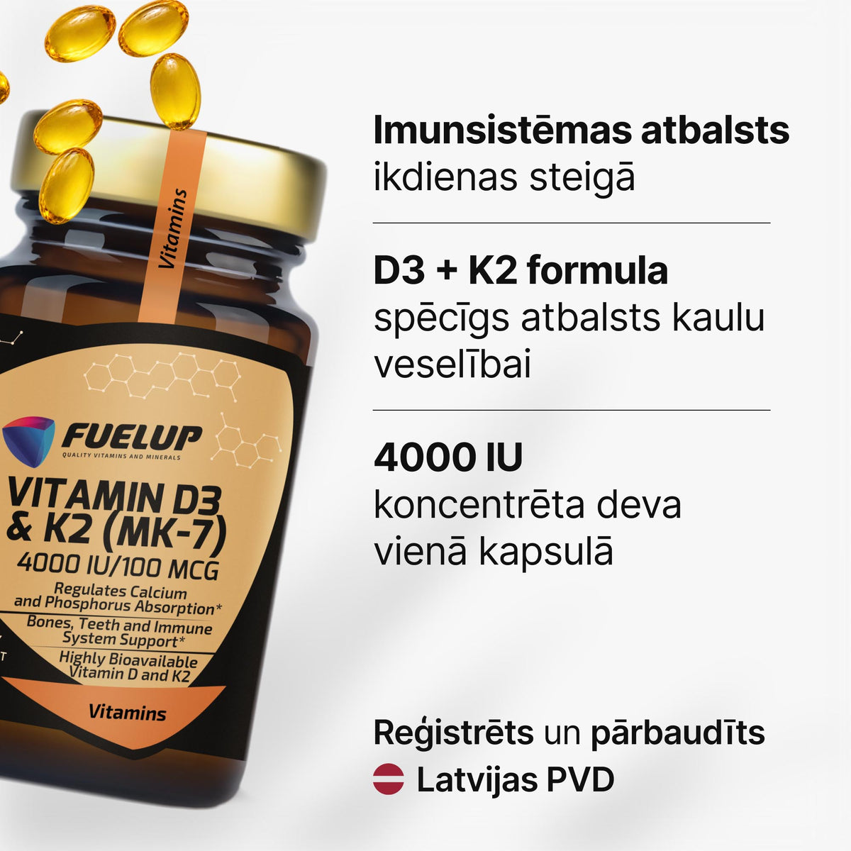 D3 vitamīns 4000 IU + K2 MK-7 imunitātei, kauliem un muskuļiem no Fuel Up
