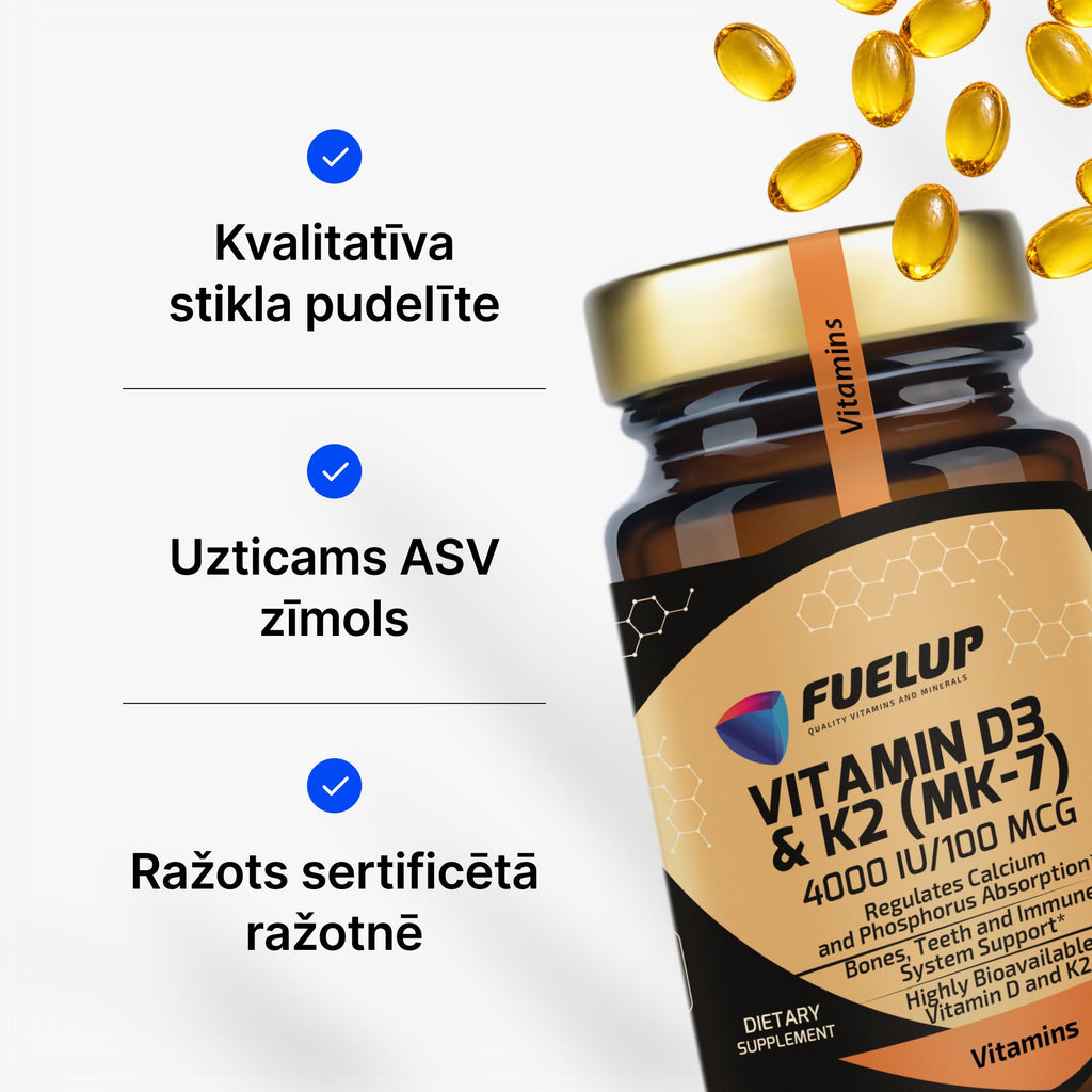 D3 vitamīns 4000 IU + K2 MK-7 imunitātei, kauliem un muskuļiem no Fuel Up
